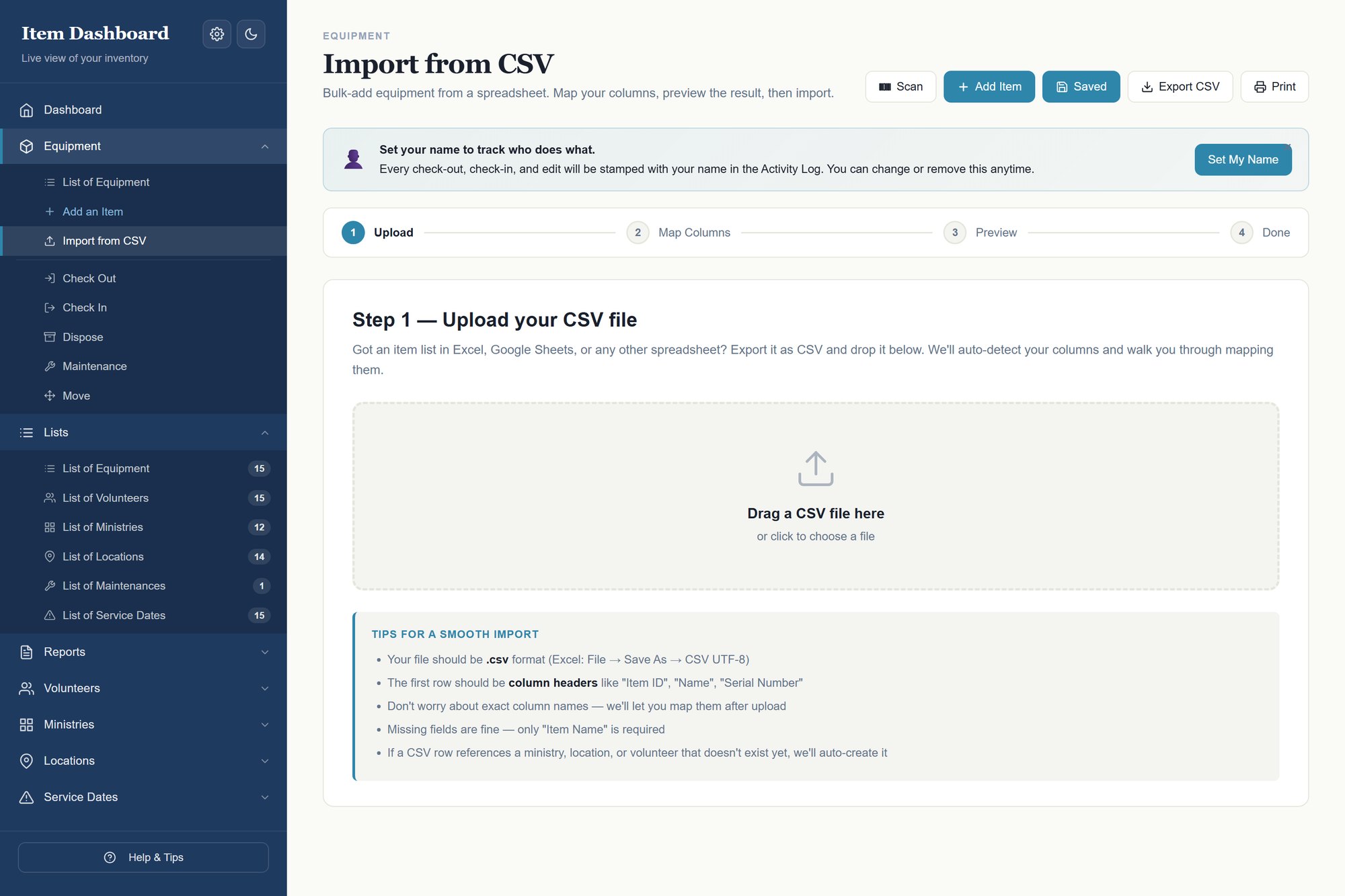 CSV import wizard