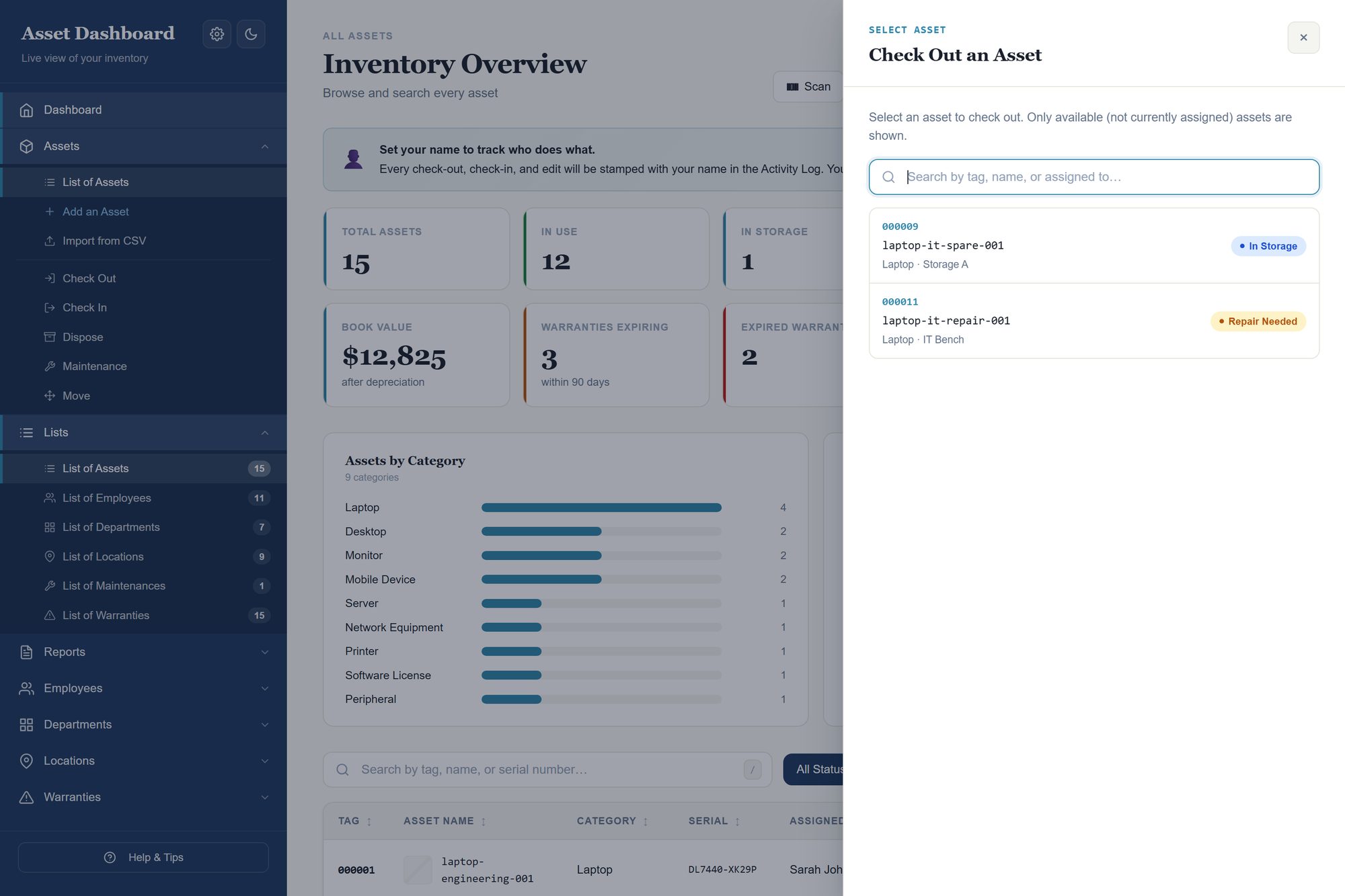 Check out an asset dialog assigning hardware to an employee