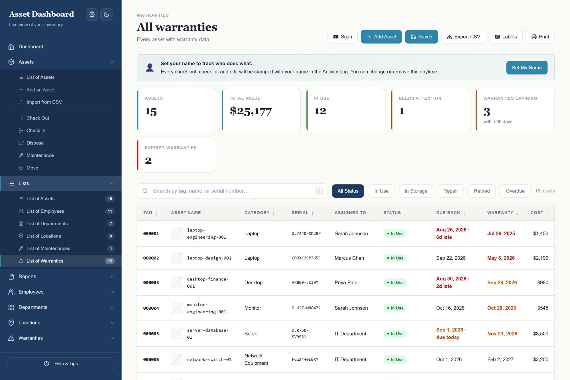 Warranty tracking view grouped by expiry window