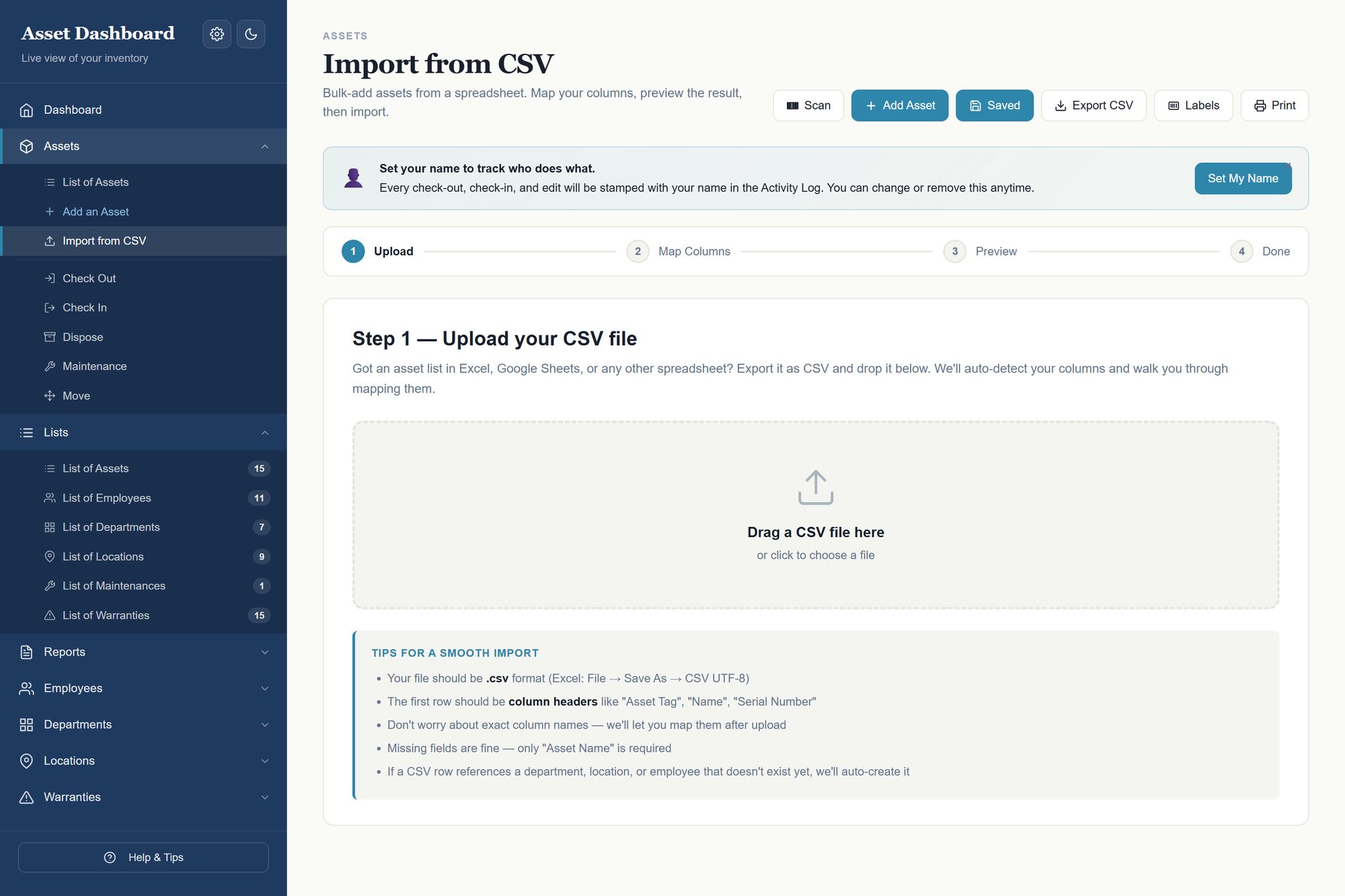 Four step CSV import wizard: upload, map columns, preview, done