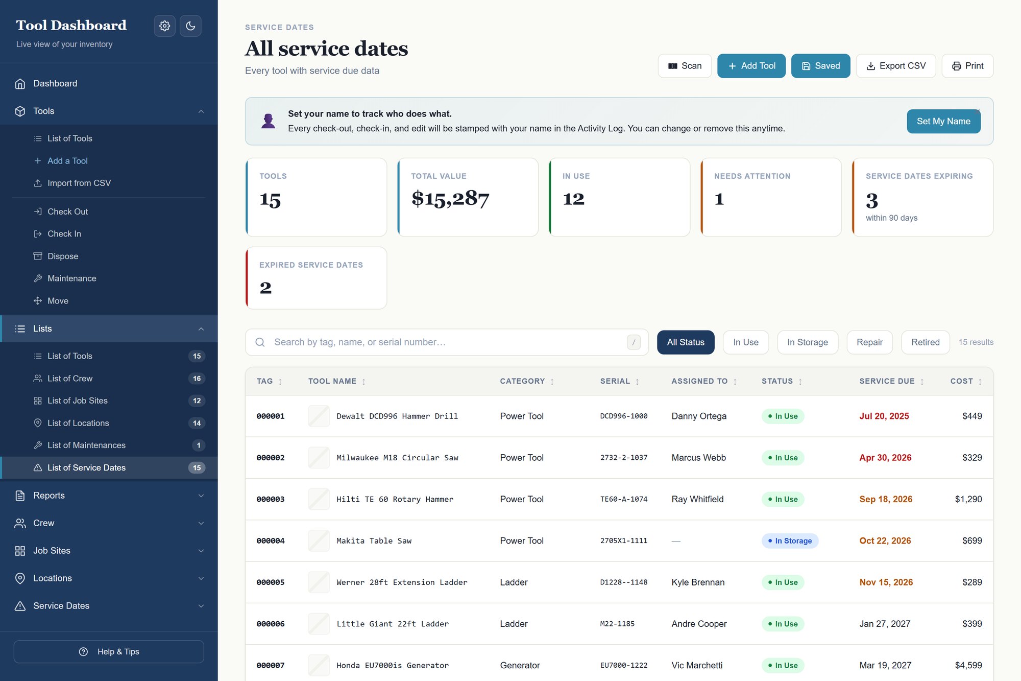Service dates view
